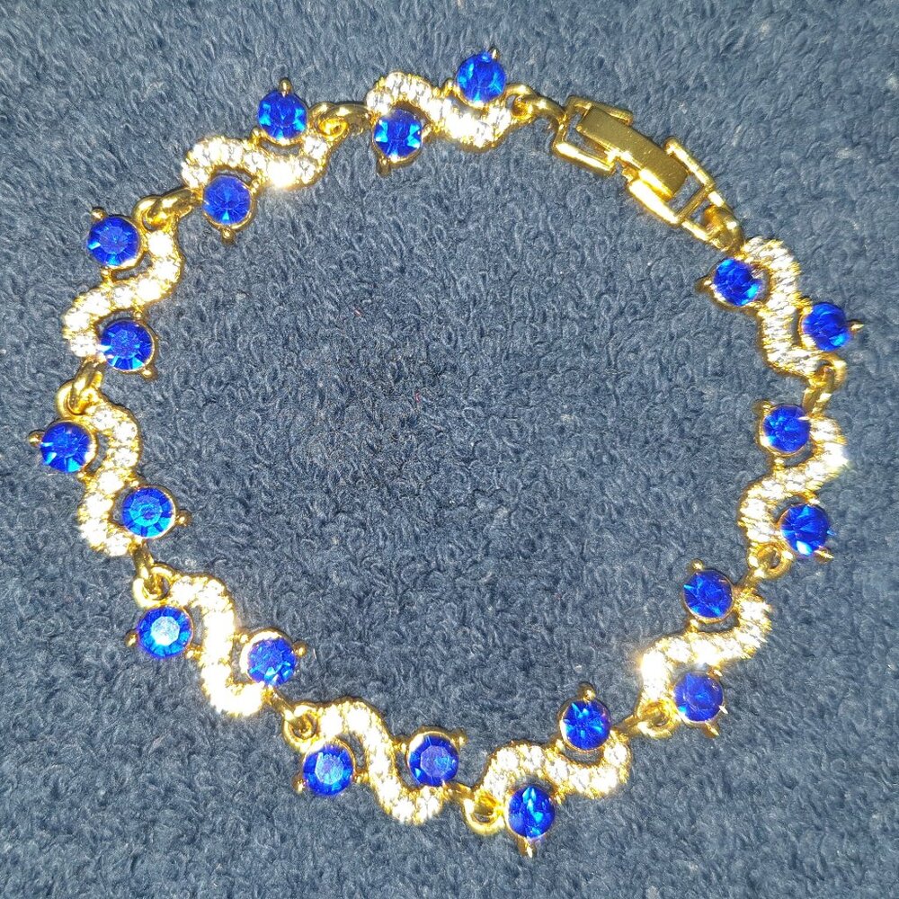 Beautiful Dark Blue Crystal White CZ Yellow Gold Tone Bracelet